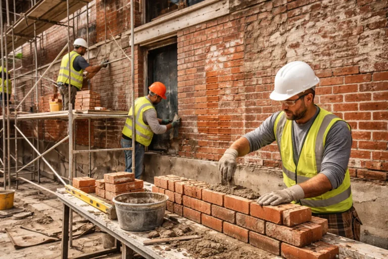 Masonry renovation project with workers repairing brick wall and applying fresh mortar