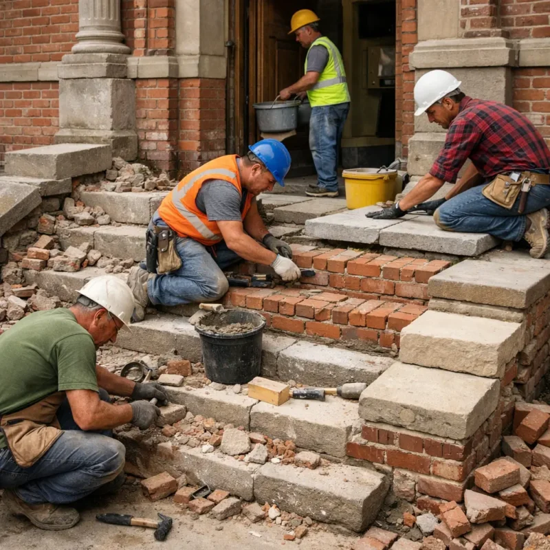 Workers performing masonry renovation step by step on building stairs