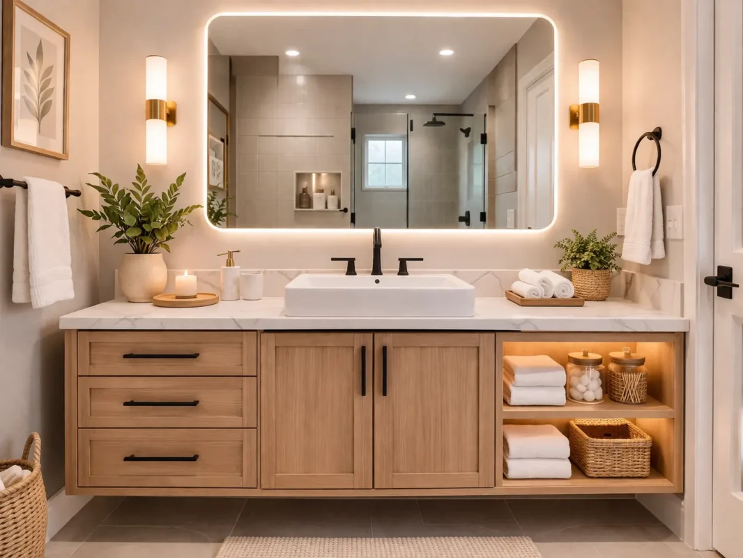 Modern bathroom vanity with illuminated mirror, marble countertop, and organized storage in a stylish bathroom vanity design