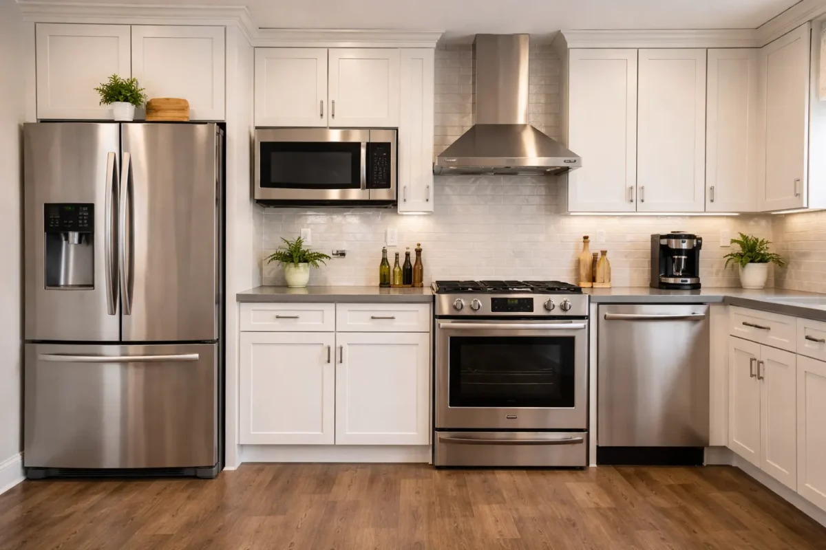 kitchen appliance system with refrigerator oven microwave dishwasher and modern cooking equipment in a stylish kitchen