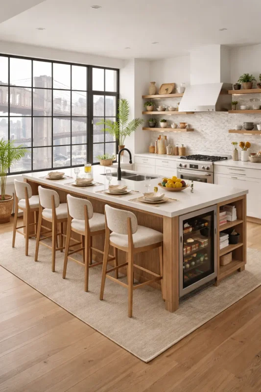 multi-functional kitchen Island Design replacing dining table in a compact apartment with seating and storage