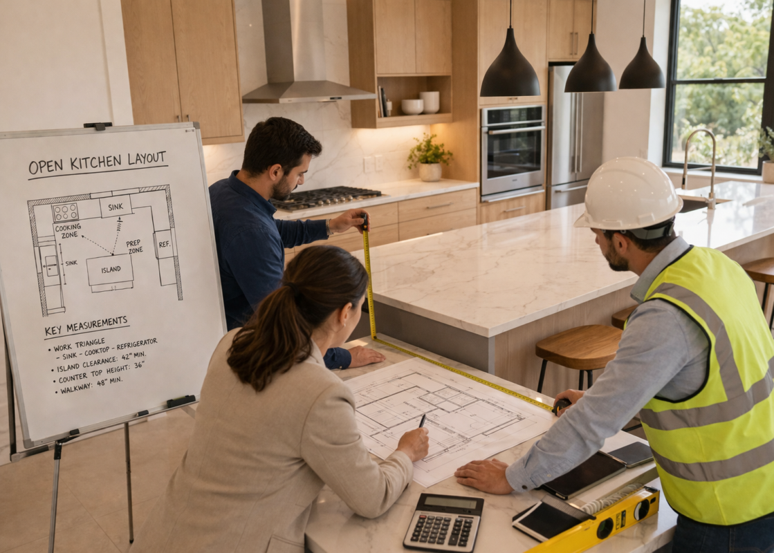 Few experts measuring layout for Open Concept Kitchen Design in a modern kitchen with island and blueprint planning