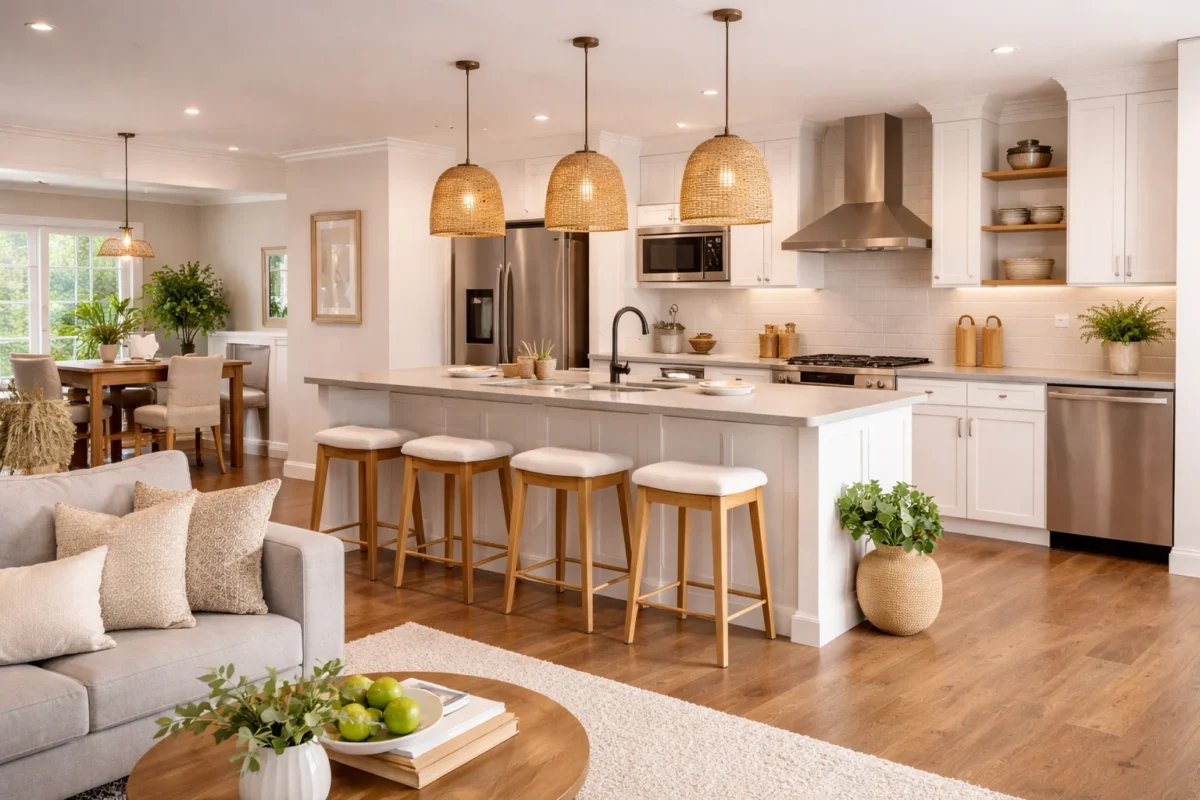 open concept kitchen design featuring modern kitchen appliance layout with island seating and integrated living space