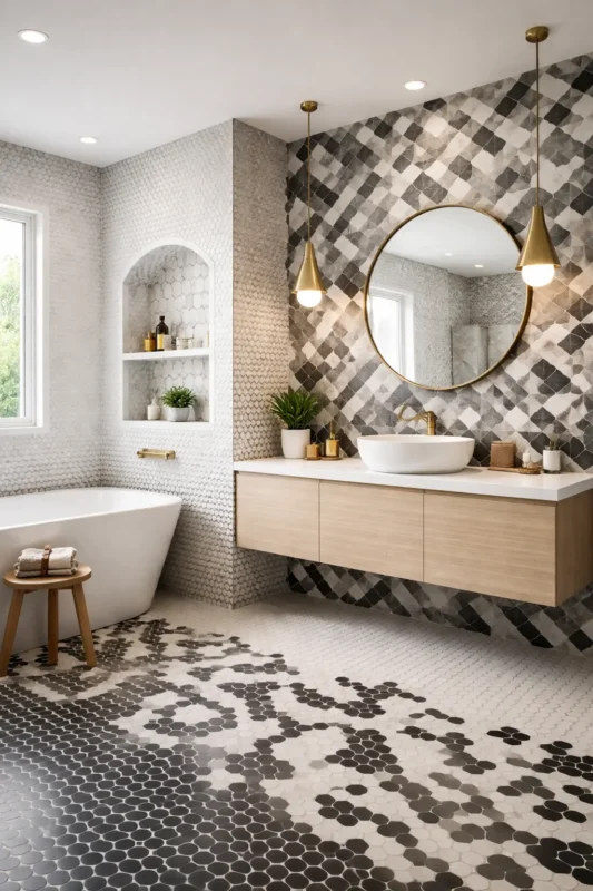 Modern bathroom with penny round, hexagon, and geometric mosaics showcasing wall tile design