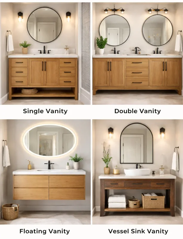 Popular bathroom vanity designs including single vanity, double vanity, floating vanity, and vessel sink bathroom vanity styles