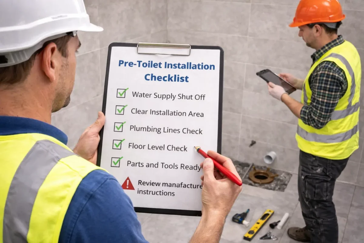 Workers reviewing pre toilet installation checklist before installing toilet in bathroom