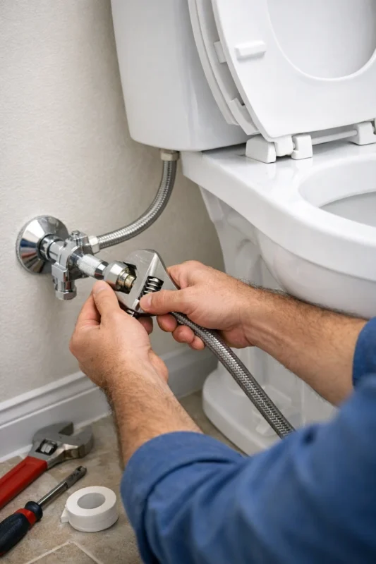 Plumber reconnecting water supply line during toilet installation using wrench