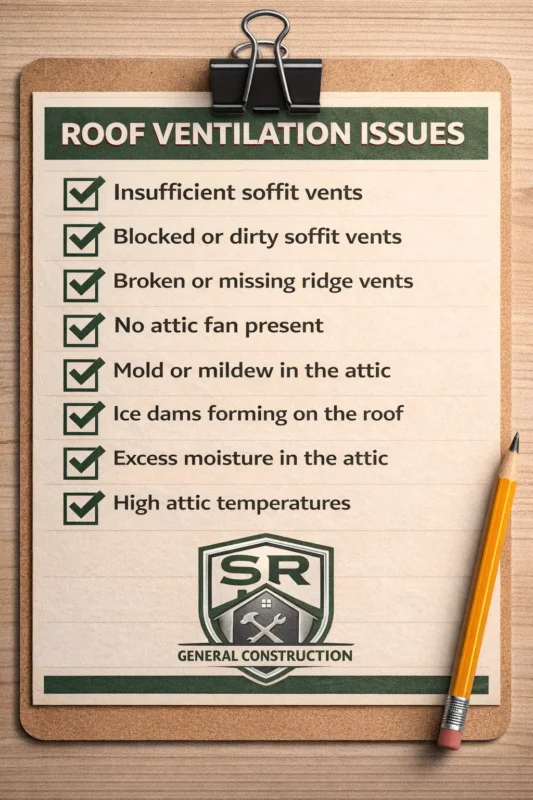 Roof ventilation issues checklist showing common roof ventilation problems like blocked vents, moisture, and high attic heat
