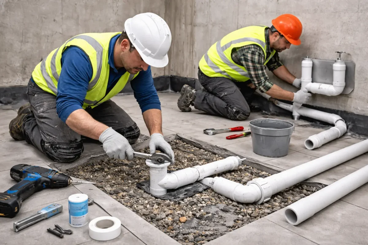 Workers setting up plumbing and drainage system for shower installation in bathroom