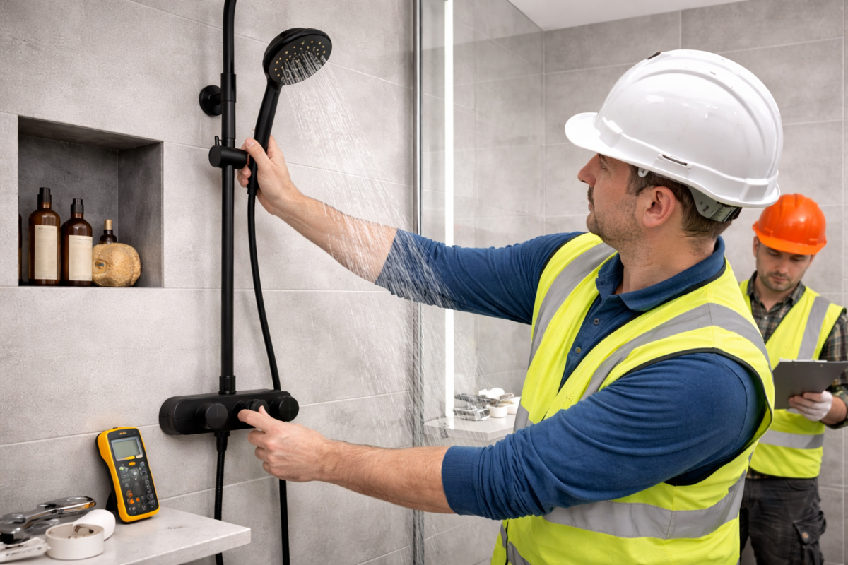 Workers testing shower installation for leaks and proper water flow in bathroom