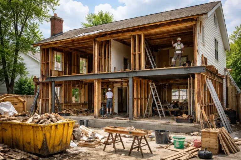 structural renovation of a house showing exposed framing and construction work