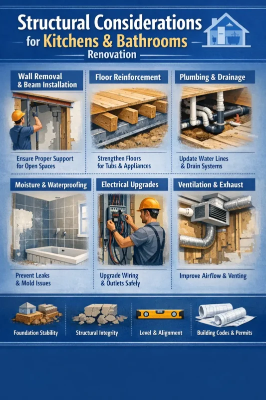 Structural renovation considerations for kitchens and bathrooms showing wall support, plumbing, flooring, and ventilation upgrades