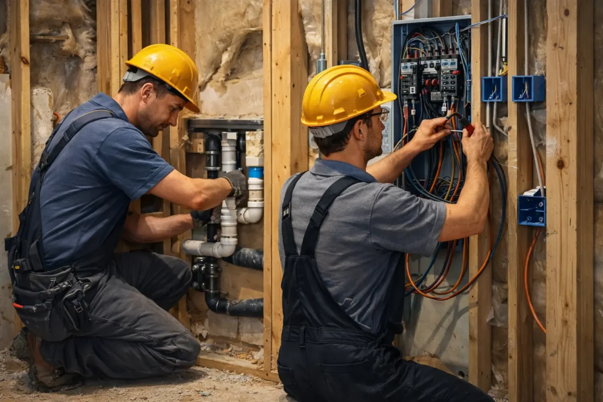 Experts fixing plumbing and electrical issues during structural renovation inside a partially renovated building