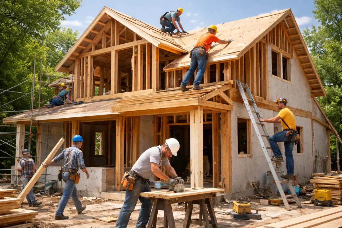 workers doing structural renovation on a house frame structure
