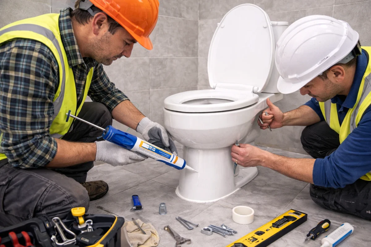 Workers applying caulking and installing toilet seat during toilet installation process