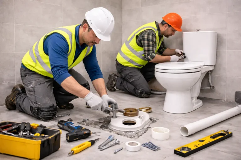Workers performing toilet installation in bathroom with plumbing tools and fittings
