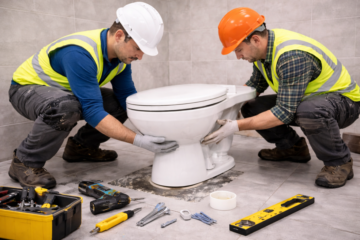 Workers setting new toilet bowl in place during toilet installation in bathroom