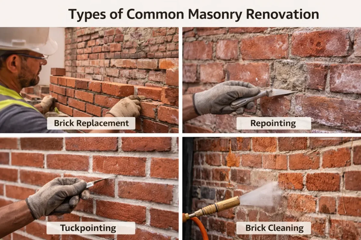 Types of common masonry renovation including brick replacement, repointing, tuckpointing, and brick cleaning