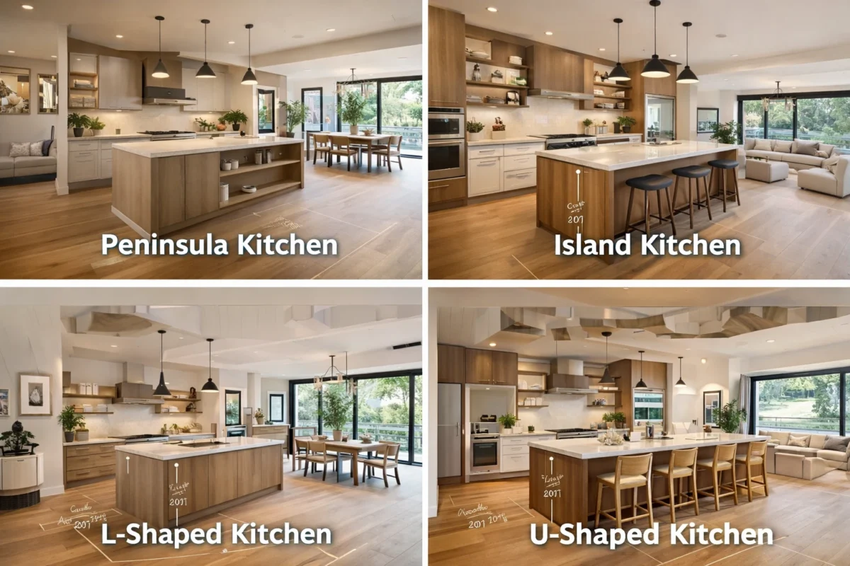 Different types of Open Concept Kitchen Design including peninsula, island, L-shaped and U-shaped layouts in modern homes