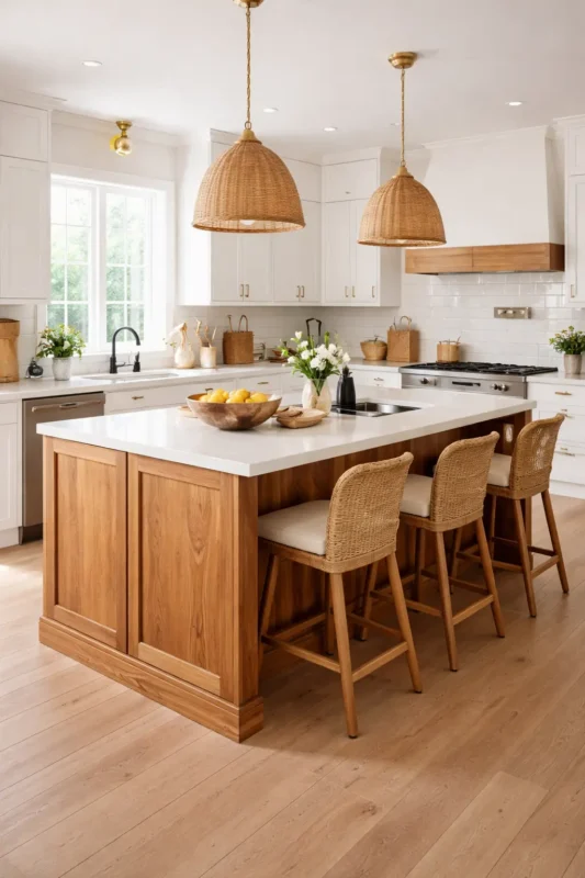 Warm wood-tone kitchen Island Design with white countertop, rattan stools, and modern bright kitchen interior