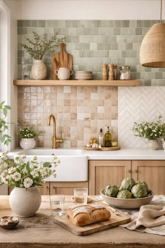 Zellige and handmade-look wall tile design in a modern kitchen with textured wall tile design finish