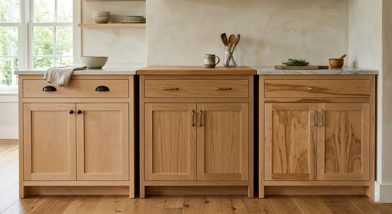 Hard maple, white oak, and birch cabinet types