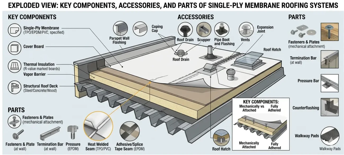 Key Components, Accessories, and Parts of Single Ply Membrane Roofs