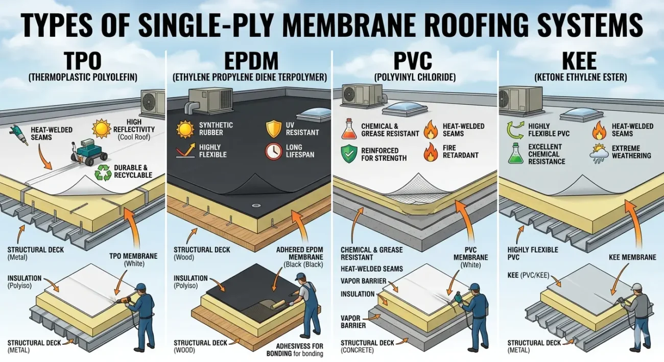 Types of Single Ply Membrane Roofing Systems