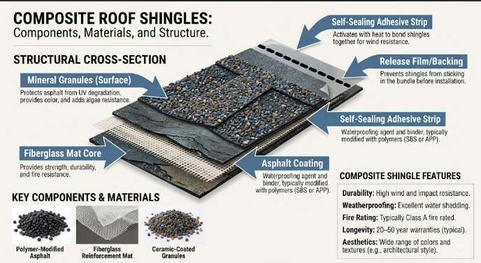 Composite Roof Shingles Made Of Components, Materials, and Structure