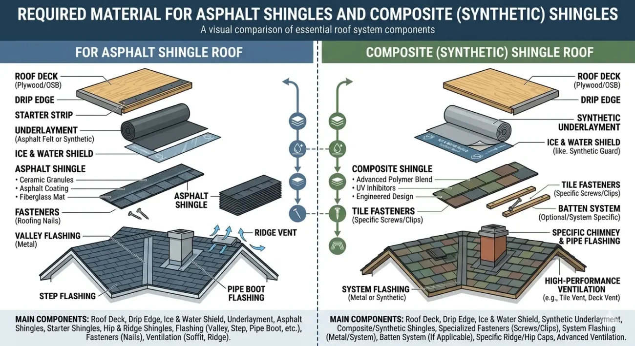 Required Material for asphalt shingles and composite (synthetic) shingles