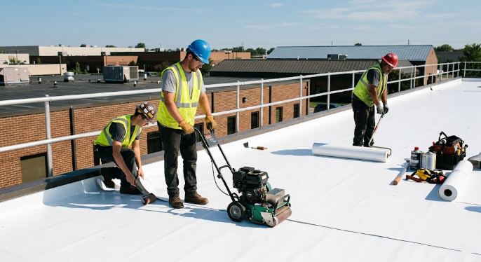 workers are installing cool roof